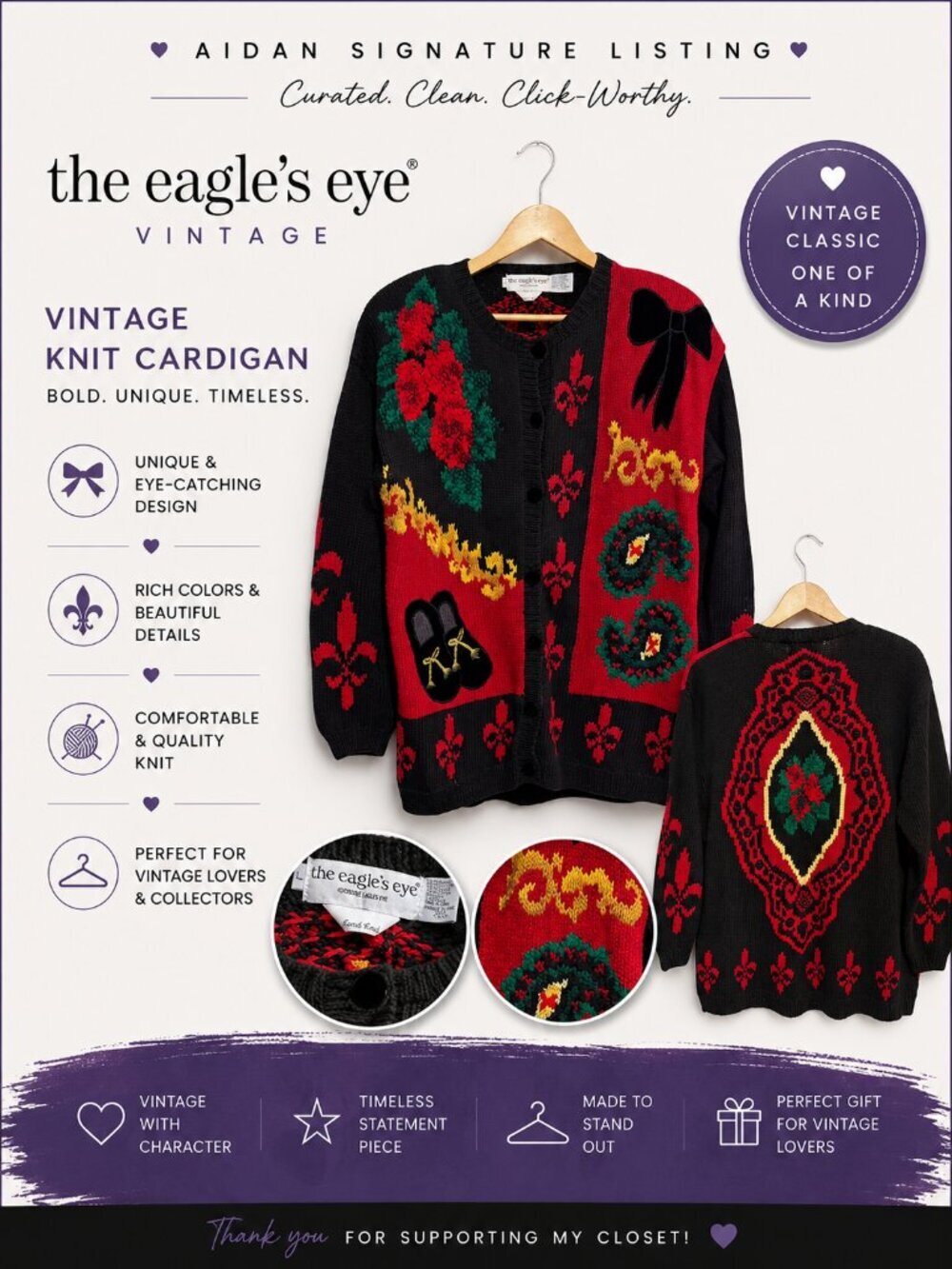 The Eagle's Eye Vintage Hand Knit Cardigan Sweater L Black Red Floral Novelty